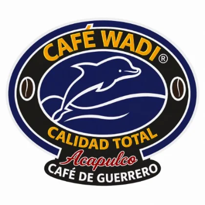 Emblema de Café Wadi: el delfín sobre el grano de café, con las leyendas Calidad Total, Acapulco y Café de Guerrero